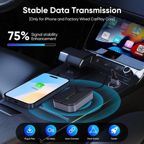 محول CarPlay اللاسلكي لهاتف Apple iPhone، يحول CarPlay السلكي من المصنع إلى لاسلكي، توصيل وتشغيل دونجل USB-C، اتصال تلقائي سريع، اتصال متعدد المستخدمين، زمن استجابة منخفض، محول لسيارات iOS 10+، 2015+ in Kuwait