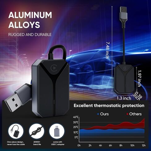 محول CarPlay اللاسلكي لهاتف Apple iPhone، يحول CarPlay السلكي من المصنع إلى لاسلكي، توصيل وتشغيل دونجل USB-C، اتصال تلقائي سريع، اتصال متعدد المستخدمين، زمن استجابة منخفض، محول لسيارات iOS 10+، 2015+ in Kuwait