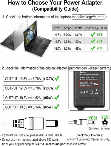 محول تيار متردد 130 وات 90 وات لجهاز Dell Optiplex Micro 3020 7040 9020 3040 3050 5050 7050 3060 5060 7060 3070 7070 3080 3090 7080 7090 سلك إمداد الطاقة المكتبي (4.5 مم * 3.0 مم، استبدال HA130PM130 DA130PM130) in Kuwait