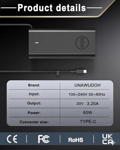 65W USB C Laptop Charger Compatible with Latitude 5000 5540 5530 5520 5550 5420 5430 5440 5450 5350 7450 7440 7430 7420 7340 3450 3340 9365 9440 2in1 XPS 13 Type C AC Adapter Power Cord in Kuwait