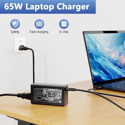 شاحن كمبيوتر محمول USB من النوع C بقدرة 65 وات متوافق مع HP EliteBook x360 1040 630 745 835 840 G9 845 860 G10، Elite x2 1012 G2 G4 G8، ProBook 440 450 455 460، Envy x360 17 Spectre، L65505-002 محول تيار متردد in Kuwait