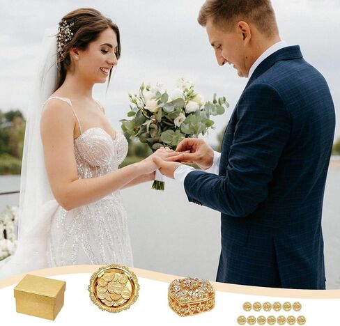 ORIGACH Gold Wedding Arras Coins Set, Arras de Boda, Heart Shaped Box with 13 Jesus Coins and Embossed Tray, Wedding Accessories for Ceremony in Saudi Arabia