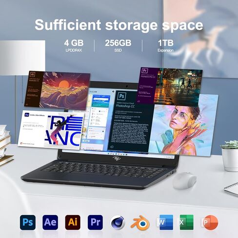 كمبيوتر محمول Itel مقاس 14 بوصة، Celeron N4000 (ثنائي النواة) | ذاكرة وصول عشوائي سعتها 4 جيجابايت | SSD سعة 256 جيجابايت | تصميم نحيف للغاية | HDMI وUSB 3.2 | 2.4G/5G WiFi | كاميرا ويب | للأعمال الدراسية in Kuwait
