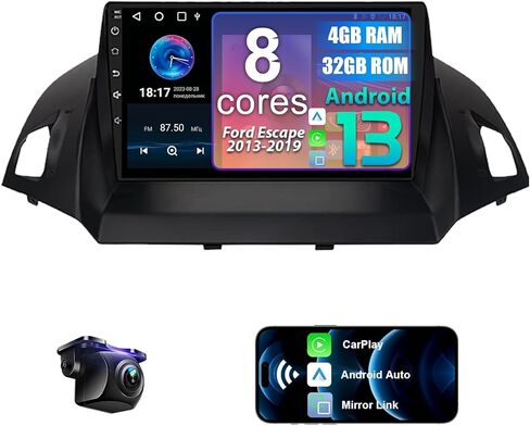 راديو سيارة 8 أساسي لسيارة Ford Escape 2013-2019 مع CarPlay اللاسلكي وAndroid Auto، شاشة لمس عالية الدقة 9 بوصة Android 13 4+32G ترقية ستيريو راديو، SWC/AM/FM/RDS، كاميرا 1080P in Kuwait