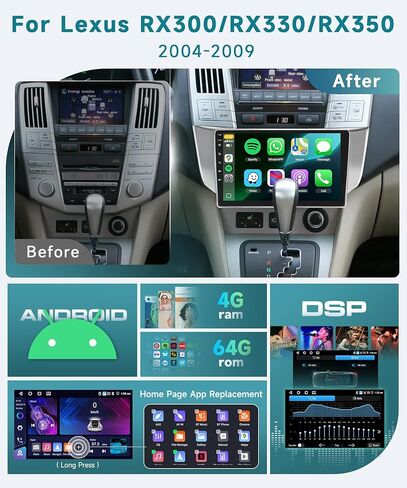4G+64G Radio for Lexus RX300 RX330 RX350 RX400H 2004-2009 with DSP/Wireless Carplay/Android Auto, 9 inch 1280P Touch Screen Android Car Stereo Bluetooth 5.0 FM/RDS Mirrorlink Backup Camera in Kuwait