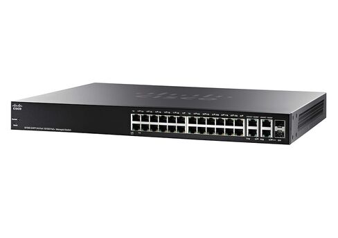 Cisco Certified SF300-24PP-K9-NA | محول مُدار بمنفذ 10/100 PoE مع وصلات جيجابت الصاعدة | ضمان المخلفات الصلبة المحدود المحسن للشركات الصغيرة {SF300-24PP-K9NA-RF} المعاد تصنيعه (متجدد) in Kuwait