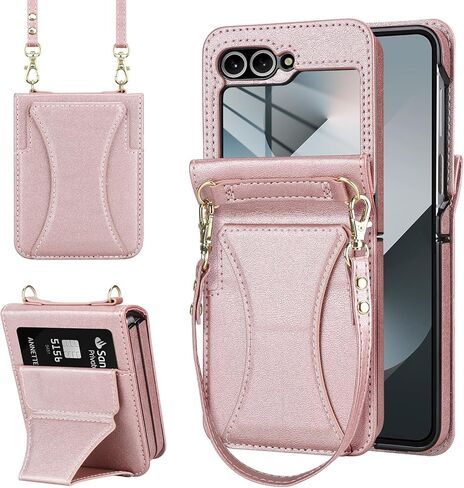 حافظة Vofolen لهاتف Samsung Galaxy Z Flip 6 مع حامل للبطاقات وحزام قابل للتعديل من جلد البولي يوريثان لكامل الجسم مقاوم للصدمات والسقوط وحامل قابل للطي لهاتف Z Flip 6 للنساء والفتيات-ذهبي وردي in Kuwait