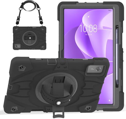 حافظة لجهاز Lenovo Idea Tab Plus مقاس 12.1 بوصة وإصدار K12 2025 للكمبيوتر اللوحي TB361FU/TB361ZU/TB365FC غطاء حماية متين مع حزام كتف بمسند دوار 360 درجة، أسود in Kuwait
