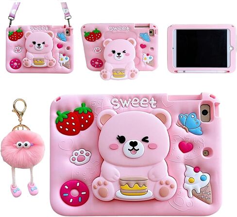 3D Cute Bear Case for Samsung Galaxy Tab A11+ Plus 2025/A9+ Plus 2023 11 inch,Kawaii Cartoon Sweet Bear Soft Silicone Foldable Stand Case with Lanyard for Teens Girls Women in Kuwait