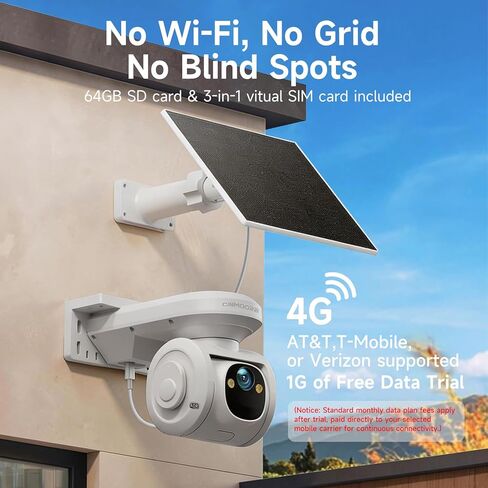 4G LTE Cellular Solar Security Camera Wireless Outdoor, No WiFi 2.5K Solar Powered Camera, Pan and Tilt, with SIM Card and 64GB SD Card, Color Night Vision, AI Motion Tracking, 2 Way Talk in Kuwait