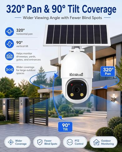 كاميرا JideTech 24/7 تسجيل 4G LTE للأمان الخلوي في الهواء الطلق، لا توجد شبكة WiFi تعمل دائمًا على الفيديو AOV PTZ، لوحة شمسية 8 وات وبطارية 13500 مللي أمبير في الساعة، تتبع تلقائي، رؤية ليلية ملونة، بطاقة SIM مدمجة in Kuwait
