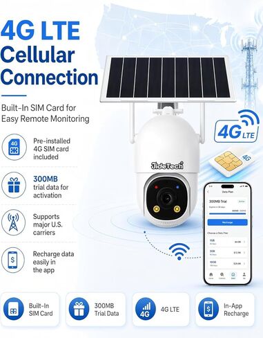 كاميرا JideTech 24/7 تسجيل 4G LTE للأمان الخلوي في الهواء الطلق، لا توجد شبكة WiFi تعمل دائمًا على الفيديو AOV PTZ، لوحة شمسية 8 وات وبطارية 13500 مللي أمبير في الساعة، تتبع تلقائي، رؤية ليلية ملونة، بطاقة SIM مدمجة in Kuwait