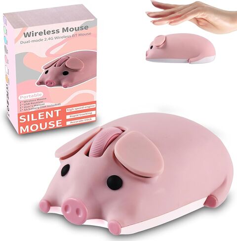 Wireless Mouse Dual Mode Bluetooth 5.1/2.4G USB Lovely Cute Animal Pig Shaped Mice 1200DPI Portable Cordless Mute Ergonomic Mouse for Laptop PC iPad Windows/iOS/Android Children Kids Gift (Pink) in Kuwait