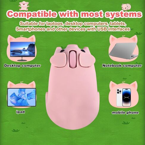 Wireless Mouse Dual Mode Bluetooth 5.1/2.4G USB Lovely Cute Animal Pig Shaped Mice 1200DPI Portable Cordless Mute Ergonomic Mouse for Laptop PC iPad Windows/iOS/Android Children Kids Gift (Pink) in Kuwait