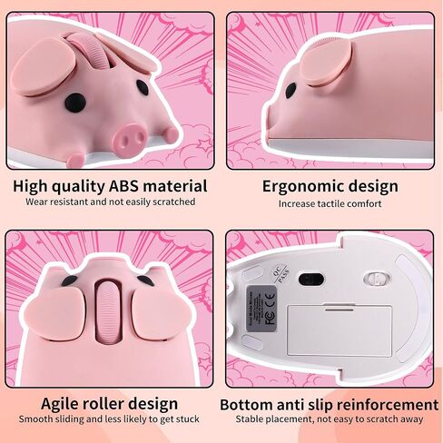 Wireless Mouse Dual Mode Bluetooth 5.1/2.4G USB Lovely Cute Animal Pig Shaped Mice 1200DPI Portable Cordless Mute Ergonomic Mouse for Laptop PC iPad Windows/iOS/Android Children Kids Gift (Pink) in Kuwait