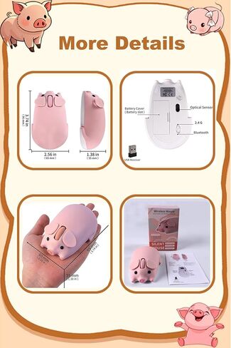 Wireless Mouse Dual Mode Bluetooth 5.1/2.4G USB Lovely Cute Animal Pig Shaped Mice 1200DPI Portable Cordless Mute Ergonomic Mouse for Laptop PC iPad Windows/iOS/Android Children Kids Gift (Pink) in Kuwait