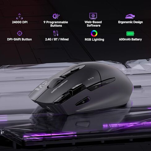 ماوس ألعاب لاسلكي TMKB M2، 24000 نقطة في البوصة خفيف الوزن ثلاثي الوضع 2.4 جيجا/BT/ماوس سلكي، 9 أزرار قابلة للبرمجة، 600 مللي أمبير قابلة لإعادة الشحن، إضاءة خلفية RGB للكمبيوتر الشخصي والكمبيوتر المحمول وماك in Kuwait