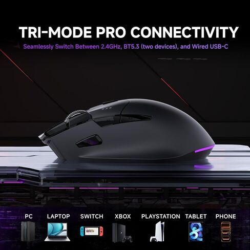 ماوس ألعاب لاسلكي TMKB M2، 24000 نقطة في البوصة خفيف الوزن ثلاثي الوضع 2.4 جيجا/BT/ماوس سلكي، 9 أزرار قابلة للبرمجة، 600 مللي أمبير قابلة لإعادة الشحن، إضاءة خلفية RGB للكمبيوتر الشخصي والكمبيوتر المحمول وماك in Kuwait
