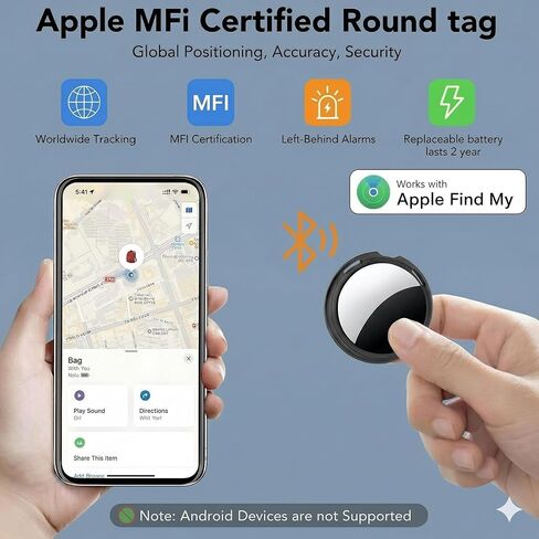 علامات التتبع 2 حزمة [معتمدة من Apple MFi] تعمل مع Apple Find My (iOS فقط) Air Bluetooth Smart Item Locator Tag Key Finder مقاوم للماء في جميع أنحاء العالم جهاز تتبع للأمتعة ومحفظة الحيوانات الأليفة والأطفال والكلاب in Kuwait
