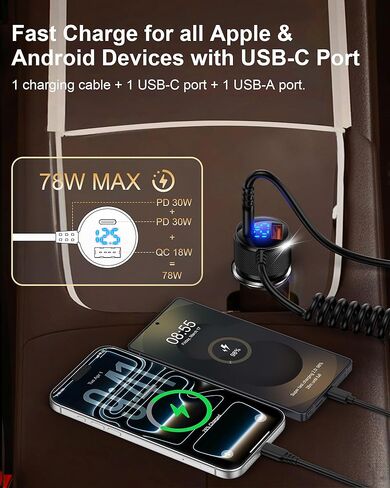 محول شاحن سيارة ولاعة السجائر USB من النوع C بقدرة 78 وات لهاتف Samsung Galaxy S26 S25 Ultra، منفذ مزدوج QC وPD 3.0 مع شاحن سيارة ملفوف USB-C بطول 4 أقدام و30 وات، سلك شحن سريع، محول سيارة USBC لهاتف iPhone 17 e in Kuwait