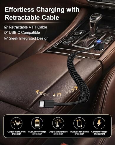 محول شاحن سيارة ولاعة السجائر USB من النوع C بقدرة 78 وات لهاتف Samsung Galaxy S26 S25 Ultra، منفذ مزدوج QC وPD 3.0 مع شاحن سيارة ملفوف USB-C بطول 4 أقدام و30 وات، سلك شحن سريع، محول سيارة USBC لهاتف iPhone 17 e in Kuwait