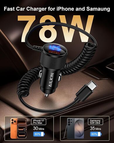 محول شاحن سيارة ولاعة السجائر USB من النوع C بقدرة 78 وات لهاتف Samsung Galaxy S26 S25 Ultra، منفذ مزدوج QC وPD 3.0 مع شاحن سيارة ملفوف USB-C بطول 4 أقدام و30 وات، سلك شحن سريع، محول سيارة USBC لهاتف iPhone 17 e in Kuwait