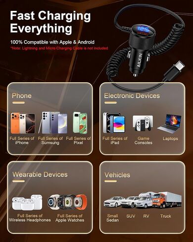 محول شاحن سيارة ولاعة السجائر USB من النوع C بقدرة 78 وات لهاتف Samsung Galaxy S26 S25 Ultra، منفذ مزدوج QC وPD 3.0 مع شاحن سيارة ملفوف USB-C بطول 4 أقدام و30 وات، سلك شحن سريع، محول سيارة USBC لهاتف iPhone 17 e in Kuwait