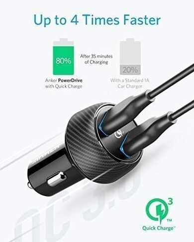 شاحن سيارة، محول شاحن سيارة Anker Quick Charge 3.0 39W Dual USB، PowerDrive Speed ​​2 لهاتف Galaxy S10/S9/S8/S7/S6/Plus، Note 9، PowerIQ لهاتف iPhone 11/XS/Max/XR/X/8/7، iPad Pro، LG، Nexus، والمزيد in Kuwait