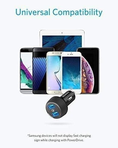 شاحن سيارة، محول شاحن سيارة Anker Quick Charge 3.0 39W Dual USB، PowerDrive Speed ​​2 لهاتف Galaxy S10/S9/S8/S7/S6/Plus، Note 9، PowerIQ لهاتف iPhone 11/XS/Max/XR/X/8/7، iPad Pro، LG، Nexus، والمزيد in Kuwait