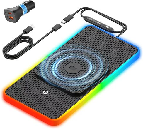 وسادة شاحن سيارة لاسلكية، شاحن لاسلكي REESTECQI 15 واط RGB للسيارة من النوع C، وسادة شحن غير قابلة للانزلاق للسيارة متوافقة مع Airpods iPhone16/15/14/13/12، Samsung Google (امتداد 30 سم + 70 سم) in Kuwait