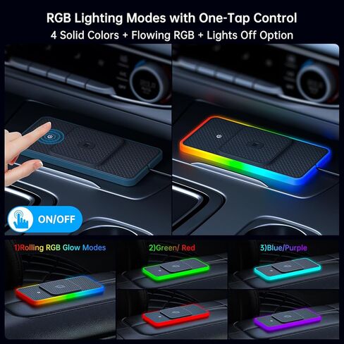 وسادة شاحن سيارة لاسلكية، شاحن لاسلكي REESTECQI 15 واط RGB للسيارة من النوع C، وسادة شحن غير قابلة للانزلاق للسيارة متوافقة مع Airpods iPhone16/15/14/13/12، Samsung Google (امتداد 30 سم + 70 سم) in Kuwait