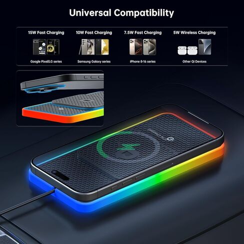وسادة شاحن سيارة لاسلكية، شاحن لاسلكي REESTECQI 15 واط RGB للسيارة من النوع C، وسادة شحن غير قابلة للانزلاق للسيارة متوافقة مع Airpods iPhone16/15/14/13/12، Samsung Google (امتداد 30 سم + 70 سم) in Kuwait