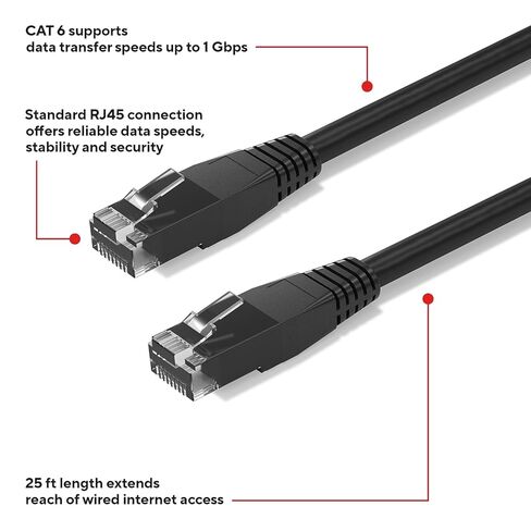 كابل إيثرنت Staples TECH Cat 6، بطول 25 قدمًا، أسود، سلك توصيل شبكة عالي السرعة، RJ45 ذكر إلى ذكر لجهاز التوجيه/الكمبيوتر الشخصي in Kuwait