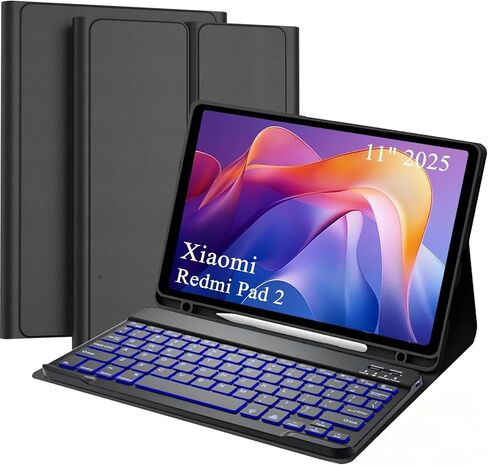 Detachable Keyboard Case for Xiaomi Redmi Pad 2 11 inch 2025, 7-Color Backlight Magnetic Removable Keyboard Case for Xiaomi Redmi Pad 2 11“ 2025 with Pen Holder, 3 Angles Adjustment, Black in Kuwait