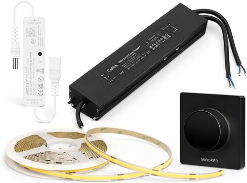 مجموعة التحكم عن بعد MLR1 وحدة تحكم LED صغيرة بلون واحد وحزمة التحكم عن بعد بلوحة دوارة سوداء K1 (محرك LED 24 فولت 400 واط IP67 + شريط LED COB 24 فولت 480 LED/m CRI90 6500K أبيض) in Kuwait