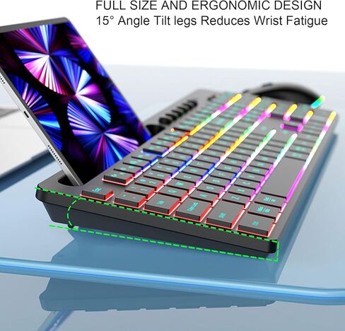 مجموعة لوحة مفاتيح وماوس لاسلكية من POCREATION 2.4G 115 مفتاحًا مع إضاءة خلفية RGB ومفاتيح الوسائط المتعددة وحامل هاتف لوحة المفاتيح الرقمية للكمبيوتر المحمول بنظام التشغيل OS in Kuwait