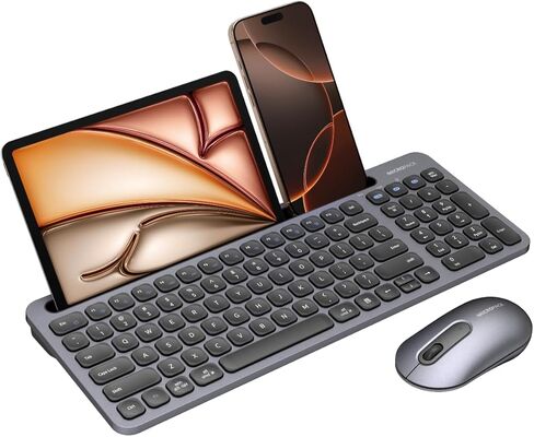 Bluetooth+2.4G USB Wireless Keyboard and Mouse Combo with Tablet Holder for Tablet Quiet Compatible with PC Desktop Mac Laptop Gray (Grey) in Saudi Arabia