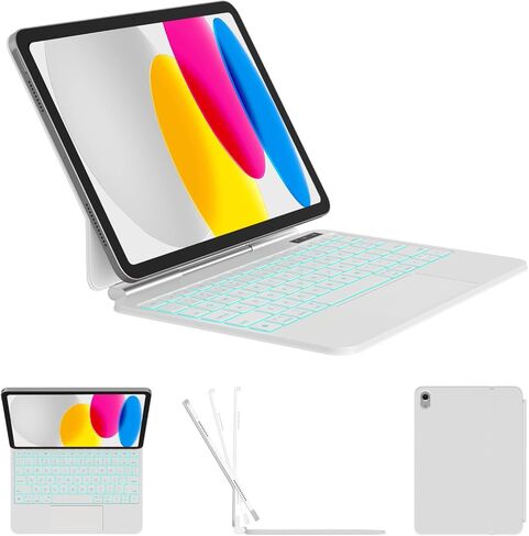 حافظة لجهاز iPad الجيل 11/10 مع لوحة مفاتيح، لوحة مفاتيح سحرية لجهاز iPad (A16) 2025/10 مقاس 10.9 بوصة 2022، مفاتيح بإضاءة خلفية نابضة بالحياة، سطح مقاوم للبقع، لوحة تتبع متعددة اللمس، أبيض in Kuwait