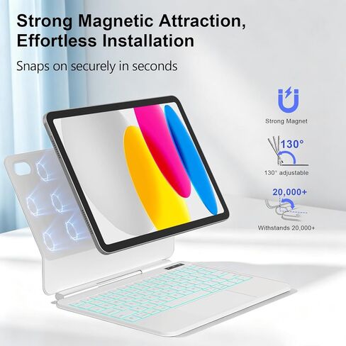 حافظة لجهاز iPad الجيل 11/10 مع لوحة مفاتيح، لوحة مفاتيح سحرية لجهاز iPad (A16) 2025/10 مقاس 10.9 بوصة 2022، مفاتيح بإضاءة خلفية نابضة بالحياة، سطح مقاوم للبقع، لوحة تتبع متعددة اللمس، أبيض in Kuwait