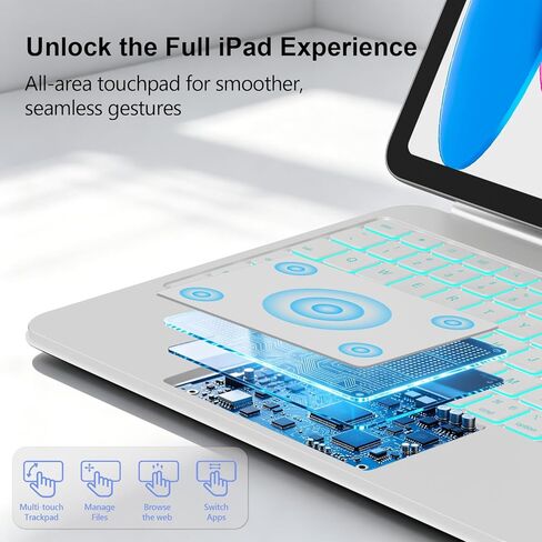 حافظة لجهاز iPad الجيل 11/10 مع لوحة مفاتيح، لوحة مفاتيح سحرية لجهاز iPad (A16) 2025/10 مقاس 10.9 بوصة 2022، مفاتيح بإضاءة خلفية نابضة بالحياة، سطح مقاوم للبقع، لوحة تتبع متعددة اللمس، أبيض in Kuwait