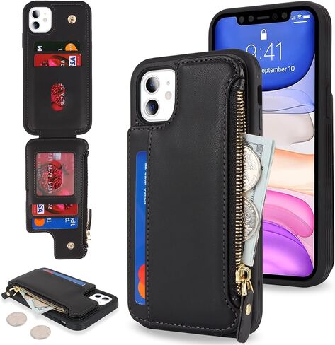 حافظة Cavor لهاتف iPhone 11 مع حامل بطاقة، حافظة محفظة لهاتف iPhone 11 للنساء والرجال، غطاء هاتف واقٍ بجيب وسحاب مغناطيسي من الجلد - أسود الفهد in Kuwait