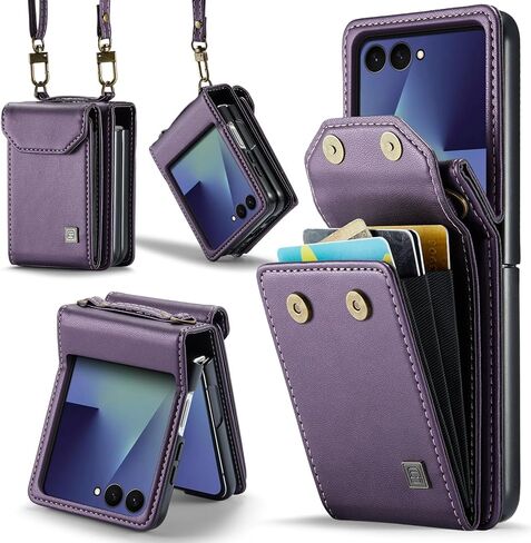 for Samsung Galaxy Z Flip 7 Case Crossbody Retro PU Leather Flip Case with Magnetic Closure and Card Holder Strap Wristlet for Men Women (Purple) in Kuwait