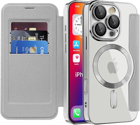 حافظة قابلة للطي لهاتف iPhone 16 Pro Max، غطاء جلدي شفاف مطلي بالكهرباء عالي التحمل 360 درجة، حماية الشحن اللاسلكي، مضادة للسرقة، فتحة بطاقة لهاتف Apple iPhone 16 Pro Max. دينار رمادي in Kuwait