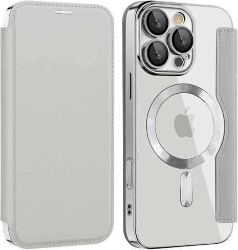 حافظة قابلة للطي لهاتف iPhone 16 Pro Max، غطاء جلدي شفاف مطلي بالكهرباء عالي التحمل 360 درجة، حماية الشحن اللاسلكي، مضادة للسرقة، فتحة بطاقة لهاتف Apple iPhone 16 Pro Max. دينار رمادي in Kuwait