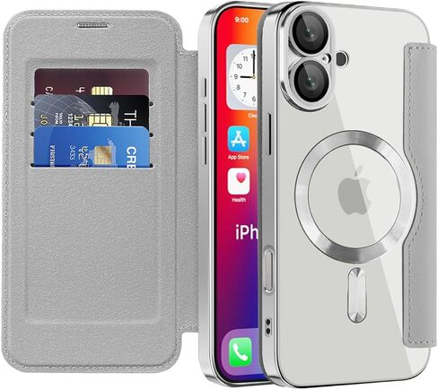 حافظة قابلة للطي لهاتف iPhone 16 Pro Max، غطاء جلدي شفاف مطلي بالكهرباء عالي التحمل 360 درجة، حماية الشحن اللاسلكي، مضادة للسرقة، فتحة بطاقة لهاتف Apple iPhone 16 Pro Max. دينار رمادي in Kuwait