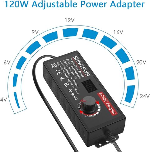 SHNITPWR DC 4V ~ 24V مصدر طاقة عالمي قابل للتعديل 120W 5A Max AC محول 100-240V AC إلى DC محول متغير DC 12V مع 16 طرف، كابل طاقة مقسم 4 اتجاهات، محول قطبية، مشبك التمساح in Kuwait