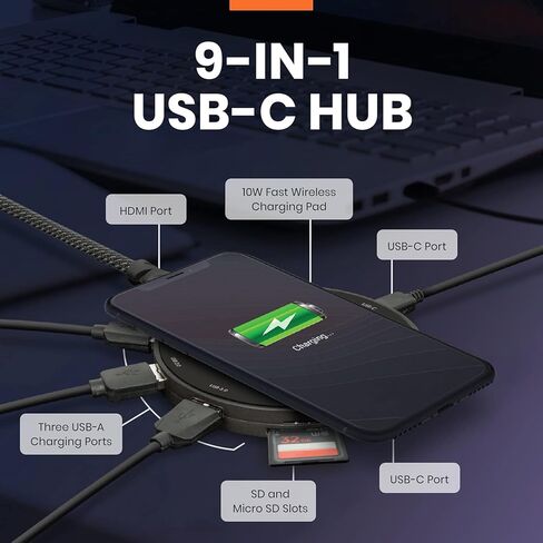 Helix 9-in-1 USB-C Hub, 10W Fast Wireless Charging USB C Hub, 60W Power Delivery Charging, Type C Hub with 3 USB 3.0 Ports, 1 4K HDMI, USB-C, SD, and Micro SD Ports in Kuwait