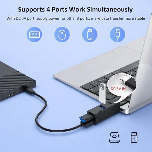 VIENON USB Hub 4 Port، مقسم USB من الألومنيوم للكمبيوتر المحمول مع منفذ طاقة 5 فولت، محول موسع USB صغير للكمبيوتر الشخصي والكمبيوتر المحمول ومحرك الأقراص المحمول ولوحة المفاتيح والماوس - محمول لسفر العمل in Kuwait