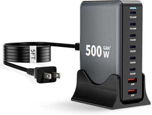 كتلة شاحن USB C، 500 واط GaN 8 منافذ USBC محطة شحن USB Hub Block Cube مع PD3.0 نوع C وUSB A محول طاقة شاحن حائط لأجهزة متعددة Apple iPhone 17/16/15، MacBook Pro/Air، iPad-أسود in Kuwait