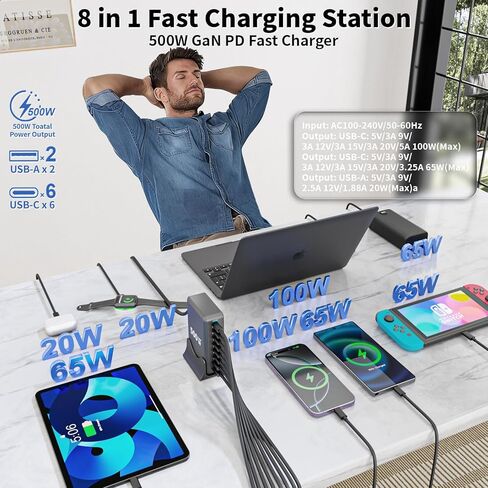 كتلة شاحن USB C، 500 واط GaN 8 منافذ USBC محطة شحن USB Hub Block Cube مع PD3.0 نوع C وUSB A محول طاقة شاحن حائط لأجهزة متعددة Apple iPhone 17/16/15، MacBook Pro/Air، iPad-أسود in Kuwait